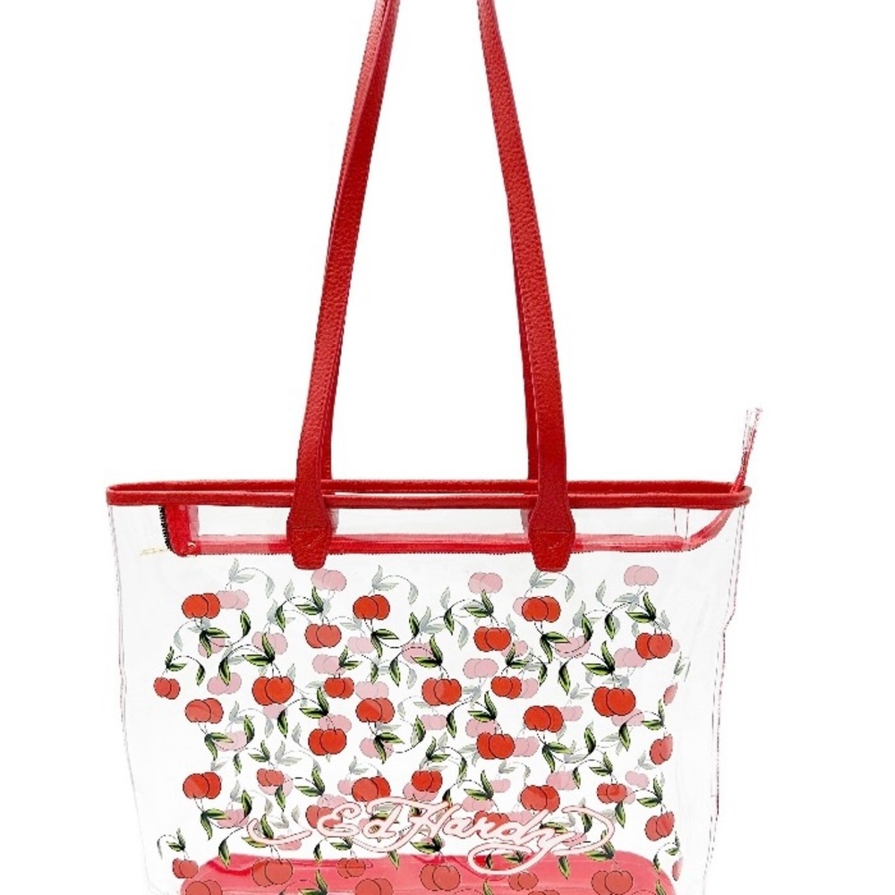 Ed Hardy Cherry Print Clear Tote with Red Straps